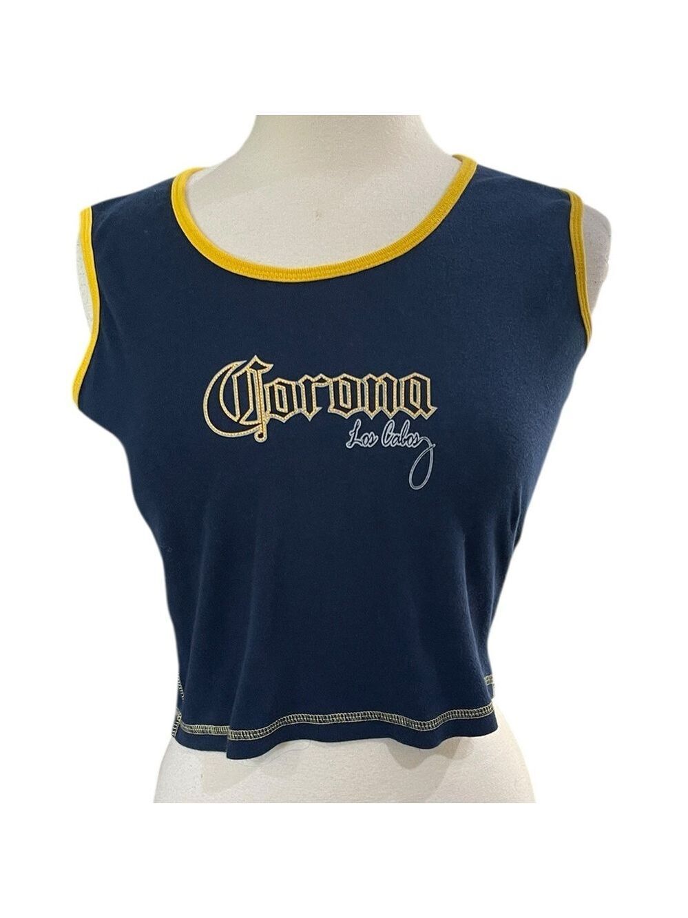 Corona Embroidered Corona Los Canos Cropped Tank Top SZ L Navy Yellow